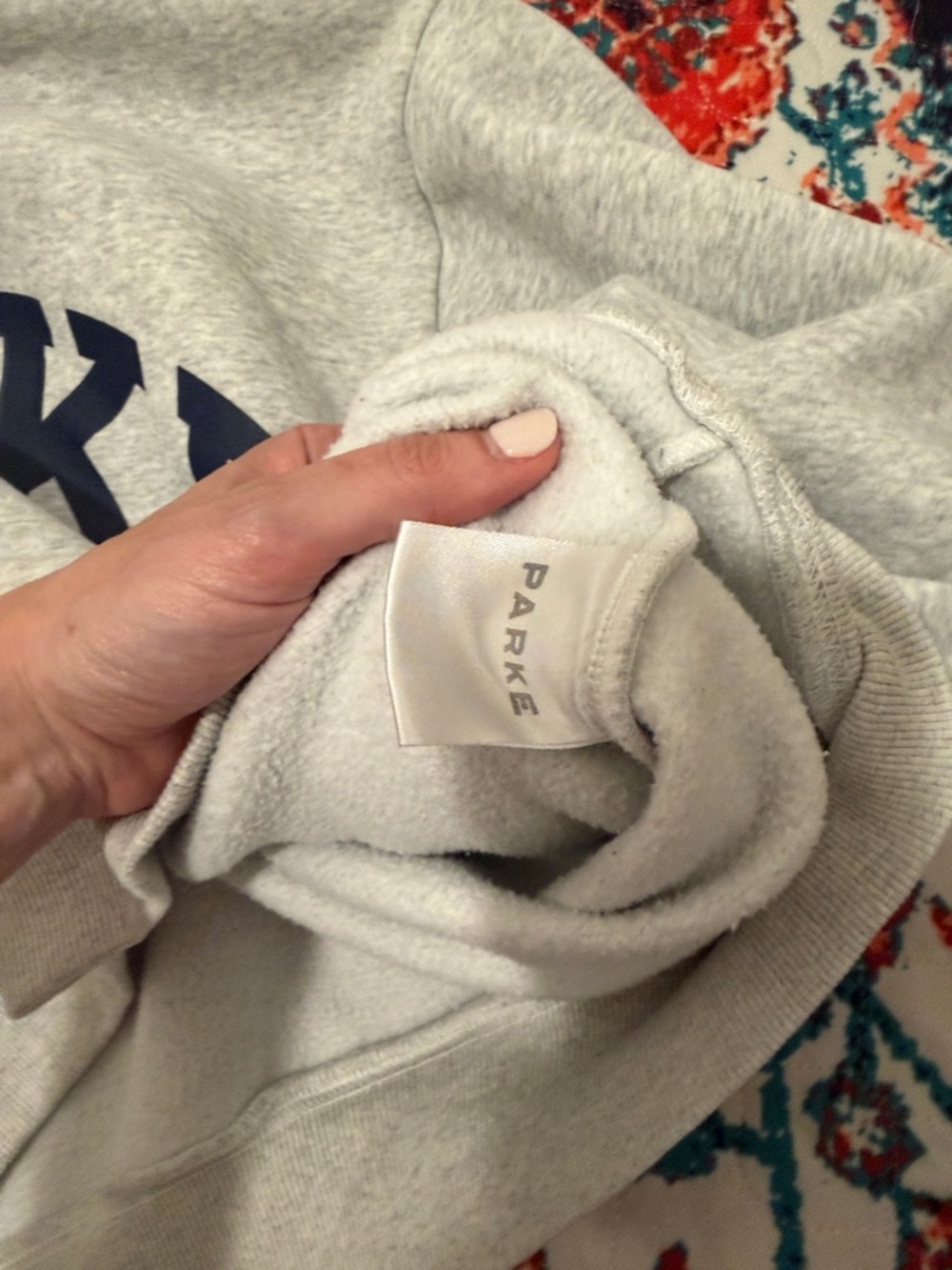Parker Gray Crewneck Sweatshirt with Navy Lettering : stained - Picture 7 of 9